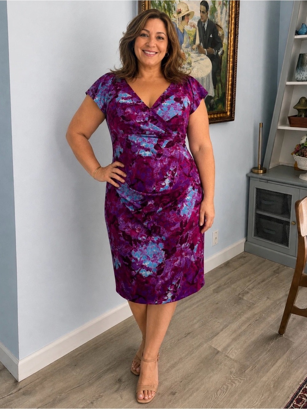 NWT NOS Suzi Chin for Maggie Boutique Floral Watercolor Cotton Ruched Dress 16W